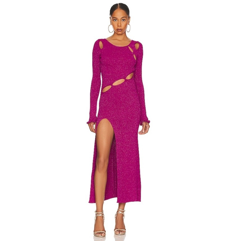 For Love & Lemons Lorelei Sparkle Cutout‎ Midi Dress Pink Metallic Size Small